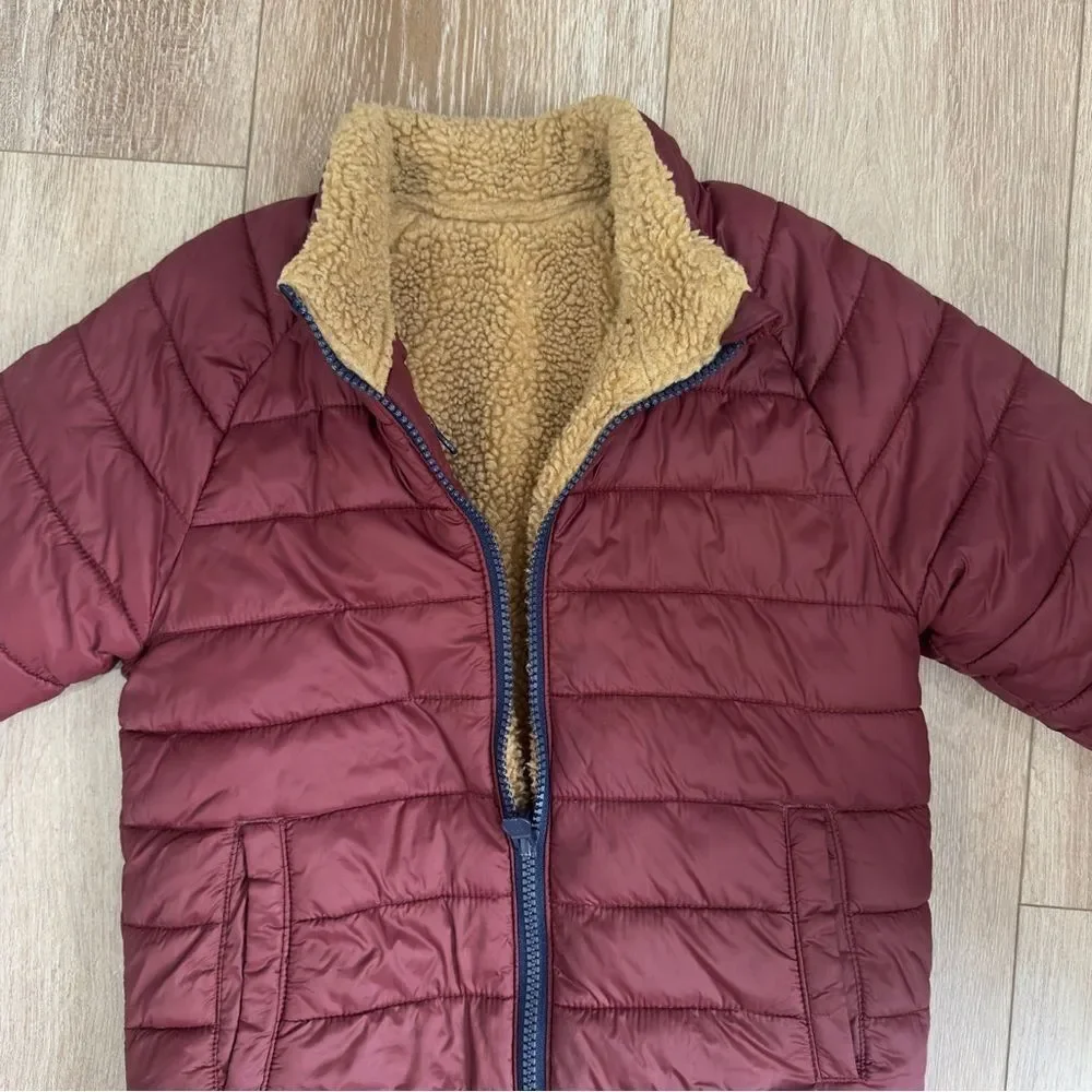 Gap Kids Reversible Puffer Sherpa Jacket Size 5 Years Brown Dark Claret